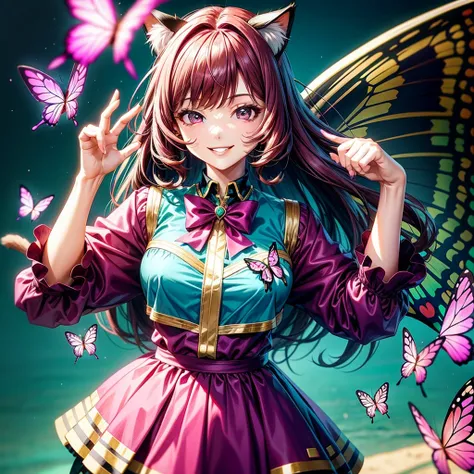 Magenta hair, brown eyes, older woman, hair bows, cat ears, long hair, smiling face, sexy outfit, butterflies, teal and gold outfit, butterfly background, uniform top