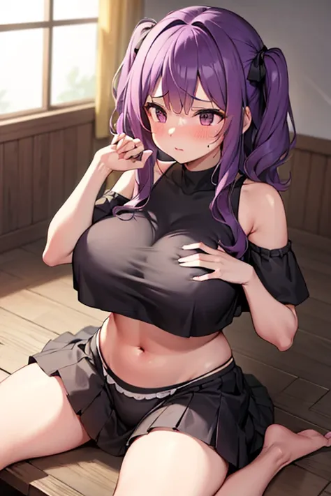 front, Overlooking, having a birds-eye view, Downward perspective, Purple Hair, big boob, large breasts, Squat, Blushing, Being looked down upon