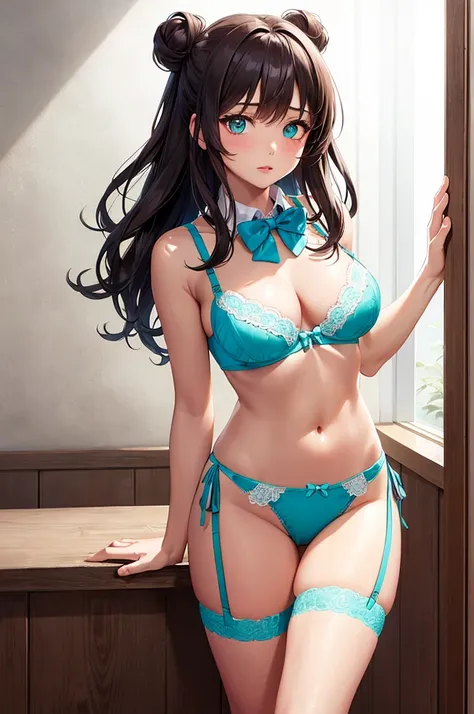 A beautiful girl in turquoise lingerie sitting at a table anime girl, fine lingerie with lace, turquoise lingerie, (side-tie panties, panties with a plain turquoise center and white lace decoration on the sides:1.3), (Thin panties:1.3), (turquoise micro la...