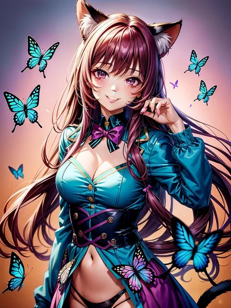 Magenta hair, brown eyes, older woman, hair bows, cat ears, long hair, smiling face, sexy outfit, butterflies, teal and gold outfit, butterfly background, uniform open chest top