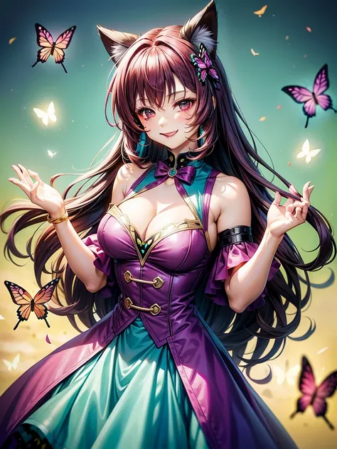 Magenta hair, brown eyes, older woman, hair bows, cat ears, long hair, smiling face, sexy outfit, butterflies, teal and gold outfit, butterfly background, uniform open chest top