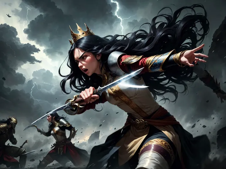 ((best quality)), ((masterpiece)), (detailed), A digital illustration of a furious queen with long black hair holding a sword and fighting off monsters in a stormy background. The women is wearing a queen traditional war attire