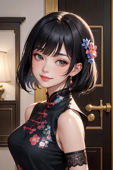 luxury hotel entrance indoors, 1lady solo mature female /(black medium hair/) bangs, blue floral cheongsam, blush kind smile, (masterpiece best quality:1.3) delicate illustration high resolution ultra-detailed perfect face beautiful skin large breast