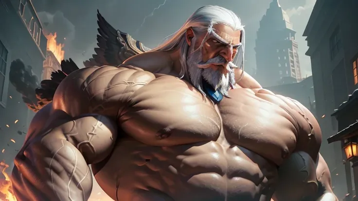 A giant muscular old man, grey hair, manly, huge ass, growing more and more, torn garments, peito huge ass, brave face, bravo, angry, imposing presence, incredible strength, head looking above, looking at the sky, muscular arms, thick, muscular legs, Robus...