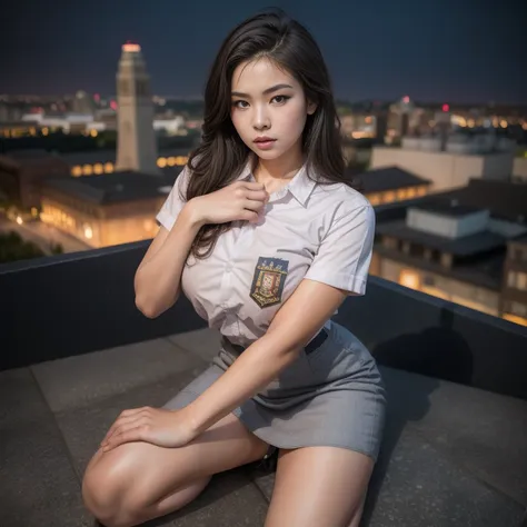 1girl, (uniform), sits with her legs pressed to her chest, detailed night view of metropolitan city at the background, detailed ...