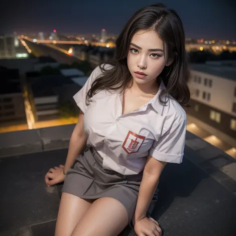 1girl, (uniform), sits with her legs pressed to her chest, detailed night view of Metropolitan city at the background, detailed face, detailed eyes, brunette, big breasts, smooth realistic skin, semi-curvy body, white shirt, grey blue hot miniskirt , looki...