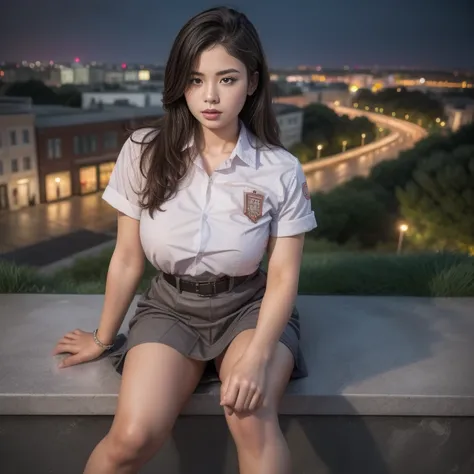 1girl, (uniform), sits with her legs pressed to her chest, detailed night view of metropolitan city at the background, detailed ...