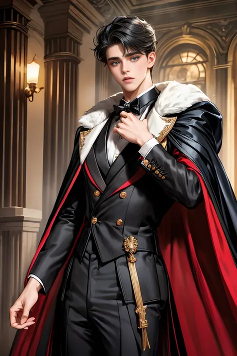 
masterpiece, 最high quality, high quality, 1 boy, alone, Male focus, Watching the audience,  Messy black hair, Adorable big blue eyes, White, Noble, Noble,A sexy, voluminous, puffy cape、tuxedo、A very voluminous, large, very large, very large, long, long re...