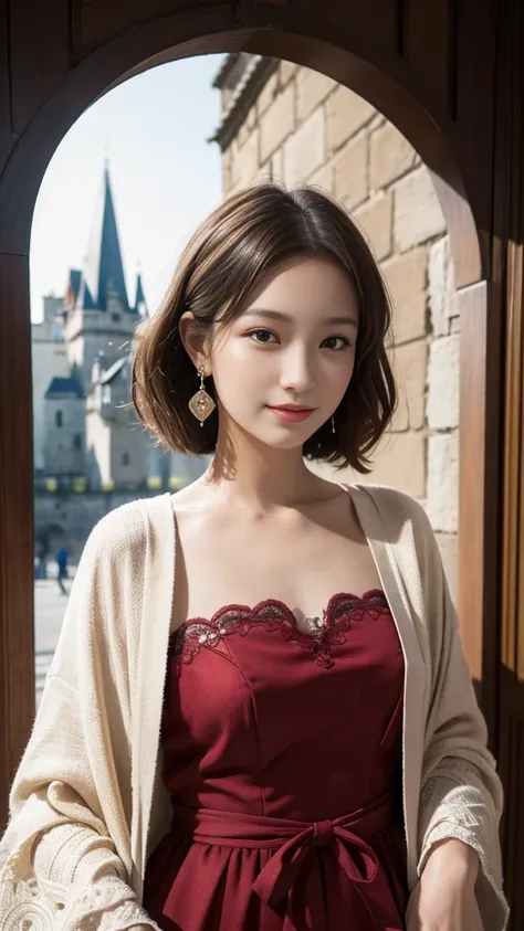 (((perfect young minami hamabe)))(Ultra-High-Definition）（​masterpiece）（textured skin）（Very detailed）（good quality）（最good quality）（first-person perspective） (16K )(dramatic perspective),upper body,smile, noble robe in burgundy red, medieval castle ,Woman li...