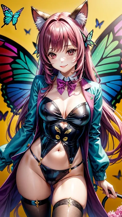 Magenta hair, brown eyes, older woman, hair bows, cat ears, long hair, smiling face, sexy outfit, butterflies, teal and gold outfit, butterfly background, uniform open chest top