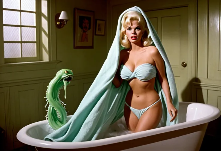 Jayne Mansfield, age 25, dressed in a bath towel, is fleeing from her bathroom which is filling with translucent slime, movie monster CThulu and other eldritch tentacled beasts, flesh hungry monsters, damsel in distress