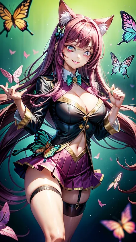 Magenta hair, brown eyes, older woman, hair bows, cat ears, long hair, smiling face, sexy outfit, butterflies, teal and gold outfit, butterfly background, uniform open chest top