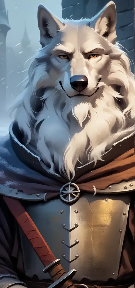 Solo, smug, friendly and stern looking anthropomorphic furry wolf medieval knight, he has dark grey and white fur, he has big white brows, he has long wizard furr beard, , he has long wizard furr beard, , he has long wizard furr beard, he is wearing heavy ...