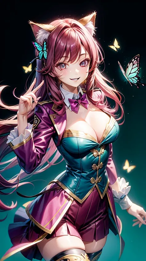 Magenta hair, brown eyes, older woman, hair bows, cat ears, long hair, smiling face, sexy outfit, butterflies, teal and gold outfit, butterfly background, uniform open chest top