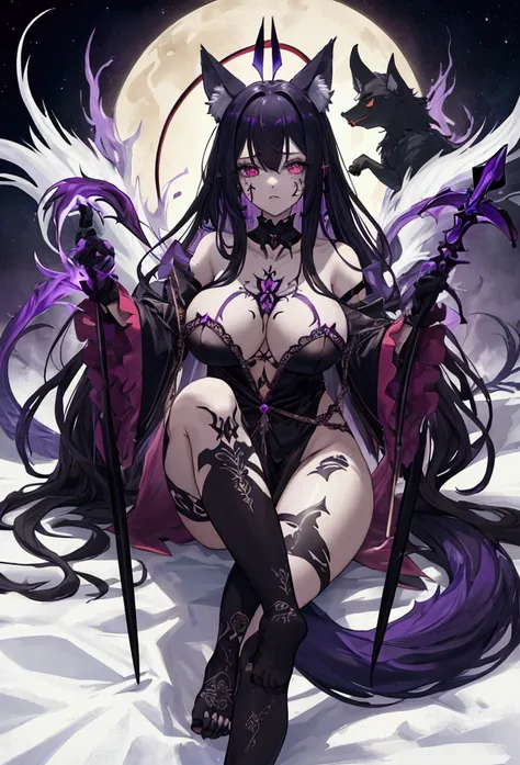 Highest quality, masterpiece, Ultra-high resolution, female、Big Breasts、Fox Beastman、tail、Darkness Fell、Darkness attribute、Sick Heart、Black purple hair、Sick face、Negative aura、Ready your spear、Food、Strange line tattoos all over the body、scars