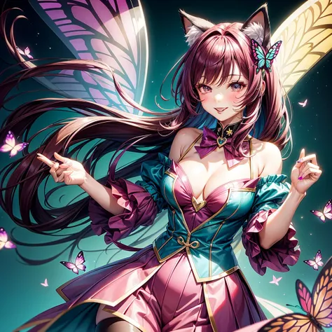 Magenta hair, brown eyes, older woman, hair bows, cat ears, long hair, smiling face, sexy outfit, butterflies, teal and gold outfit, butterfly background, uniform open chest top