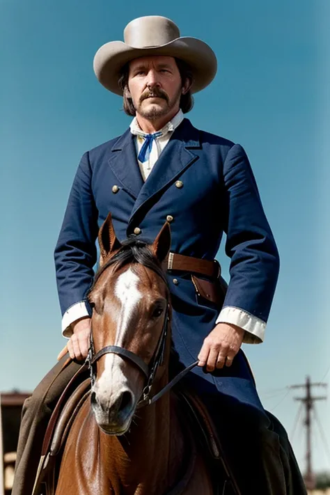 Real Kit Carson with a Colt 45 pointed up and on top of the silver horse