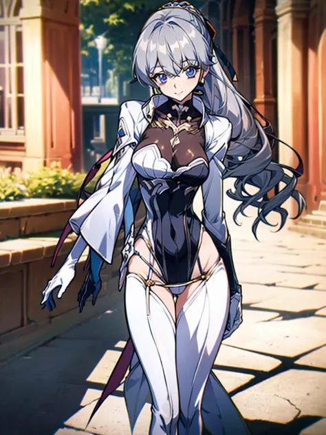 (full body),masterpiece, Highest quality, High resolution, One girl, alone, Grey Hair, Blue eyes, ( bodysuit，leotard，headset，ribbon，No sleeve, White gloves, Knee-high boots), Cowboy Shot, Hands on hips, smile, Open your mouth, Outdoor，Thick thighs，