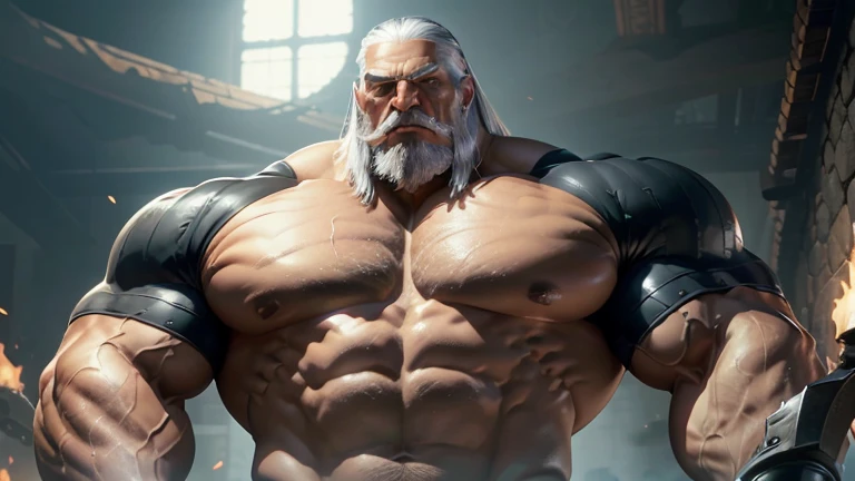 A giant muscular old man, manly, huge ass, growing more and more, torn garments, peito huge ass, brave face, bravo, angry, imposing presence, incredible strength, head looking above, looking up, indoors, muscular arms, thick, muscular legs, Robust appearan...