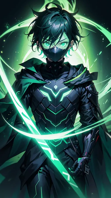 Generate a 2d Anime boy character in dark and green them with dark room in gaming lighting with awesome glow effect wearing a black body and black mask The Mask have unique design 