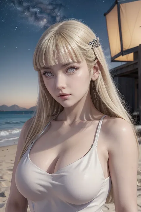 Hinata from naruto, realistic, age 25, extreme pure white skin, white eyes, blonde long bangs, hair, white cropped ancient egypt dress, perfect face, perfect shape body, large breasts, 3d, on a beach, night sky