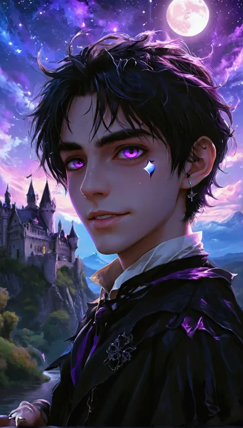 schoolboy,vampire,grinning, looking at viewer, hair between eyes, very long hair, straight hair, black hair, gradient hair, purple hair, odd eyes, with diamond-shaped irises, purple eyes, silver eyes, with a scar, wide-eyed, tsurime, pale skin, tall, slend...