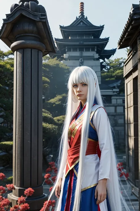 screenshot of damon slayer.
A girl with long white hair with bangs, He has different colored eyes, one blue and the other red., He is wearing the Mitsuri Kanroji costume, It is in the Butterfly Pillar Estate with Tokyo the Mist Pillar, butterfly pillar est...