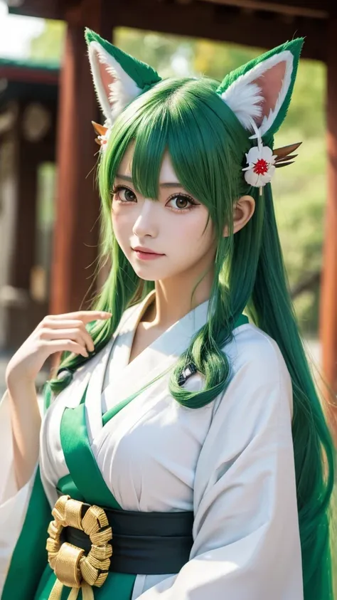 Green Hair、Fox ears、Japanese、Shrine maiden outfit、8k、3d、cute