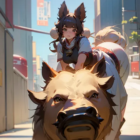 Character Settings：A girl with a boar motif teleported to a downtown area 1. Appearance： - Hairstyle：Two big round buns on top of the head。These are modeled after the realistic shape of a boar&#39;s face.。The surface of the dumpling has a slightly hairy te...