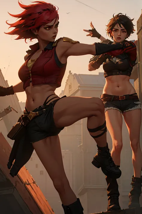 Tanned skin woman character, strong body exercised, somewhat large bust and thighs, very short tousled black and red hair, orange eyes with red, wearing a dark jean jacket, a red shirt with gold touches, some black shorts with ripped midsections, somewhat ...