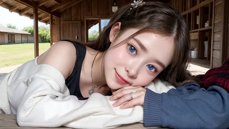 ( 3 girls),smile、Look into the camera、Diamond necklace、Braided hair, off-shoulder sweater、exposed upper arms、Extra long twin tail hair、Flower Hair Ornaments、 Masterpiece, Highest quality, 8ก, beautiful girl, young face、 photography, Cute face, thigh,wooden...