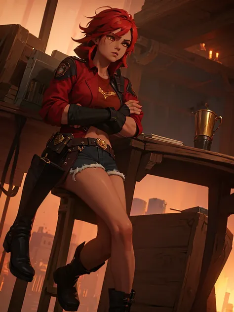 Tanned skin woman character, strong body exercised, large bust and thighs, very short tousled black and red hair, orange eyes with red, wearing a dark jean jacket, a red shirt with gold touches, some black shorts with ripped midsections, somewhat wide coff...