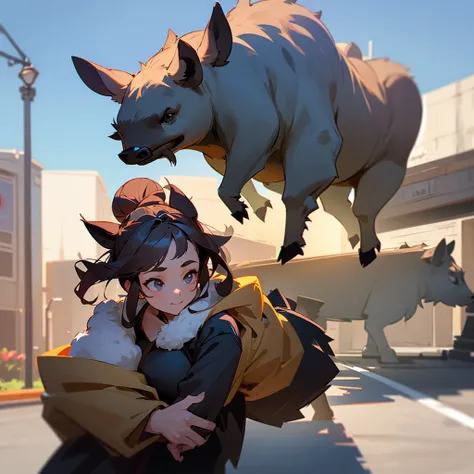 Character Settings：A girl with a boar motif teleported to a downtown area 1. Appearance： - Hairstyle：Two big round buns on top of the head。These are modeled after the realistic shape of a boar&#39;s face.。The surface of the dumpling has a slightly hairy te...