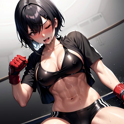 a bloody beautiful young Japanese female fighter is poised in a fighting pose.in the fighting ring. she is damaged terribry. Short-cut black hair, out of breath, an eye is closed, drooling from mouth, exhausted, drenched in sweat. Muscularity. Six-pack abs...