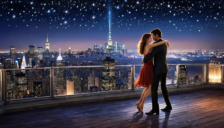 "Picture a starlit rooftop overlooking a citys skyline, where a couple dances slowly to their favorite song. The city lights below twinkle like stars, and the atmosphere is filled with a sense of intimacy and wonder, as if the world has paused just for the...