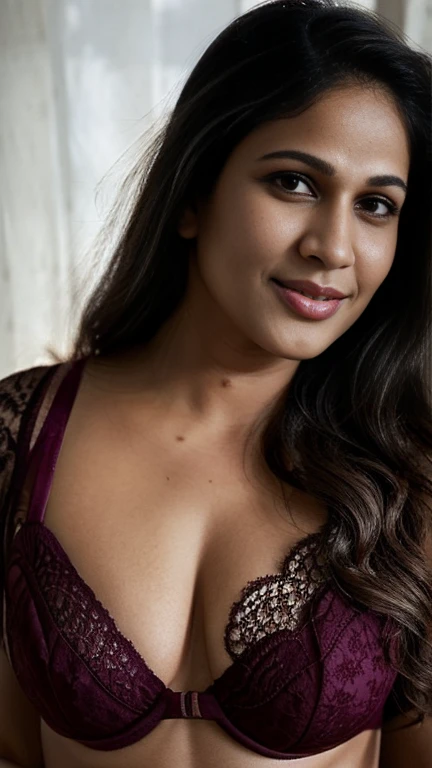 lavanya , closeup face, potrait, face close up, ((lace lingerie)), in bedroom, ultrarealsitic, body closeup,  close up body shot, cleavage and navel, milf, looking at viewer, masterpiece, ultrarealistic, ((very fair skin tone)), free shaggy hair, high qual...