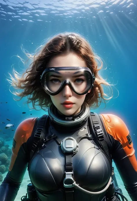 ((full body shot))during the diving course，there is a lady wearing a diving suit and goggles,wear a diving helmet, instagram, a ...