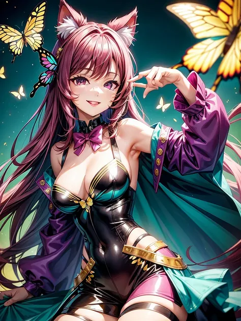 Magenta hair, brown eyes, older woman, hair bows, cat ears, long hair, smiling face, sexy outfit, butterflies, teal and gold outfit, butterfly background, uniform open chest top