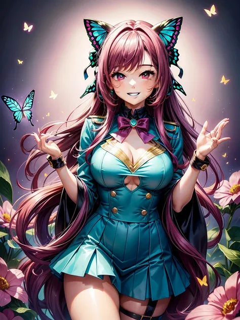 Magenta hair, brown eyes, older woman, hair bows, cat ears, long hair, smiling face, sexy outfit, butterflies, teal and gold outfit, butterfly background, uniform open chest top