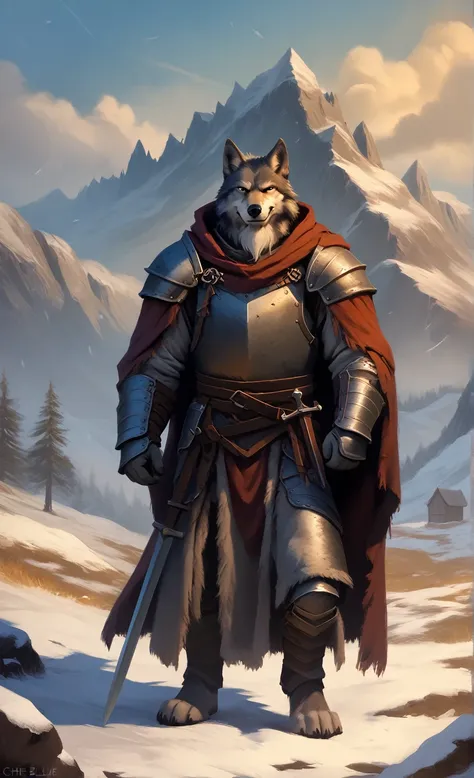 solo, smug, friendly and stern looking, solo anthro furry wolf medieval knight, he has dark grey and white fur, he has big white...