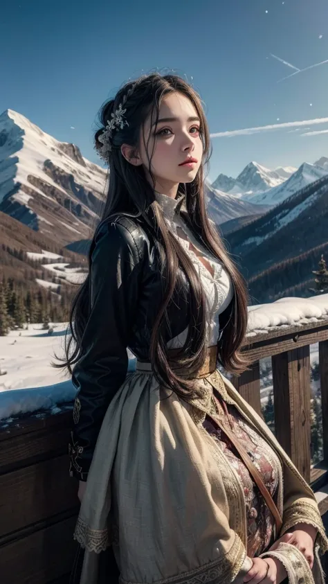 ((Masterpiece)),best quality, illustration, dark, 1 girl, in the wilderness,high mountain,Snow-capped mountains in the distance, castle, Beautifully detailed eyes,  Beautifully detailed hair,