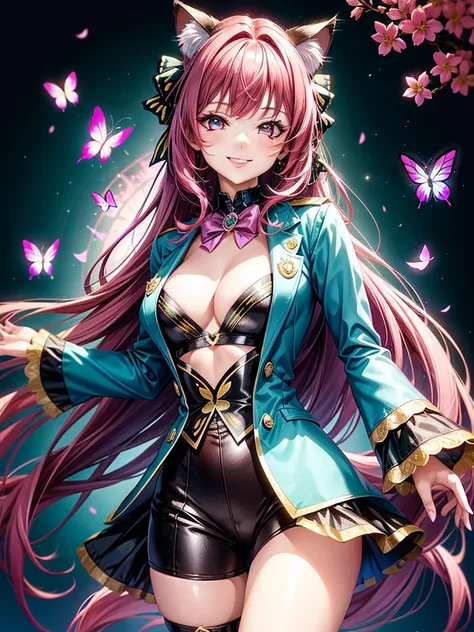 Magenta hair, brown eyes, older woman, hair bows, cat ears, long hair, smiling face, sexy outfit, butterflies, teal and gold outfit, butterfly background, uniform open chest top