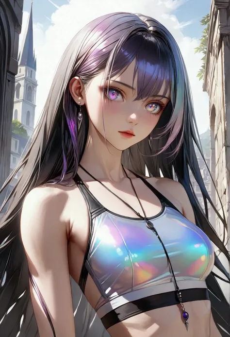 A girl with long dark iridescent hair, iridescent eyes, fair skin tone, slender and athletic built, croptop, detailed hair, detailed body, best quality, aesthetic, 8k, realistic