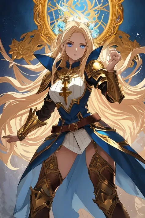 A full-body portrait of a young woman in anime style, with long, light blonde hair, framed by a white mantle adorned with golden details. She has intense blue eyes and wears a form-fitting blue armor with intricate engravings of leaves and flowers, and gol...