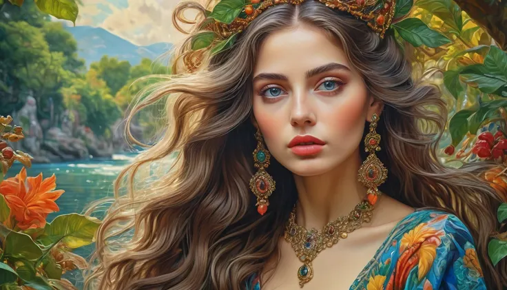 a photo-realistic, highly detailed, masterpiece of a surreal and imaginative painting, 8K resolution, vibrant colors, hyper-realistic style, naive art, sharp focus, physically-based rendering, professional artistic composition, beautiful detailed face, ele...