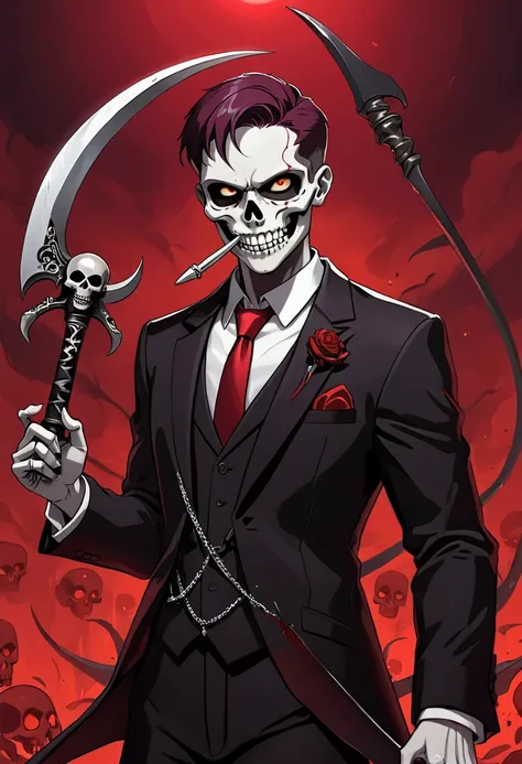 ((Artwork, 8K, Low lighting)), 1 boy, 19 years old, dark wine red iris color, skull shaped pill, wearing a black suit with a red tie, smiling, sharp teeth, a silver skull necklace, serious look, holding scythe with black metal handle and part of the blade ...