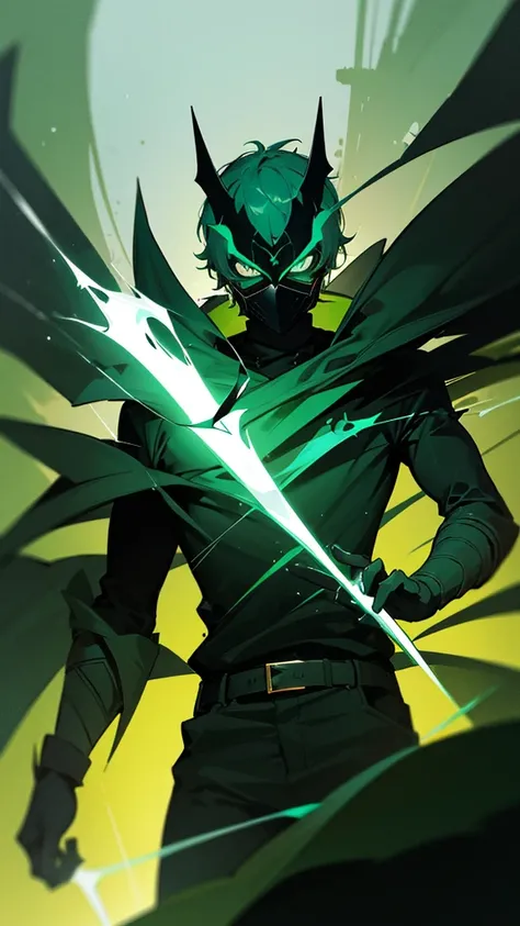 Generate a 2d Anime boy character in dark and green and white them with dark room in gaming lighting with awesome glow effect wearing a black body and black mask The Mask have unique design 