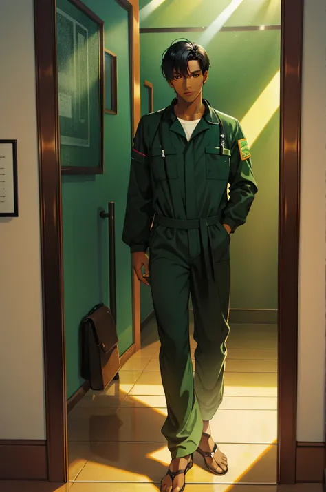 1 man solo, med parted black hair, brown eyes, dark skin, green jumpsuit, upper pov, in a hallway, Reflection Light, God Rays, Ray Tracing, 