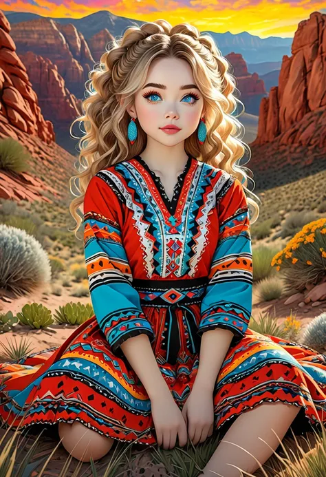 Full-length photo of a beautiful gnome woman, a stunning merge of Sabrina Carpenter, in a colorful Southwestern style dress and skirt. She is sitting on a patch of grass under colorful skies, looking upward at the viewer. She is wearing Navajo sandals, Sou...