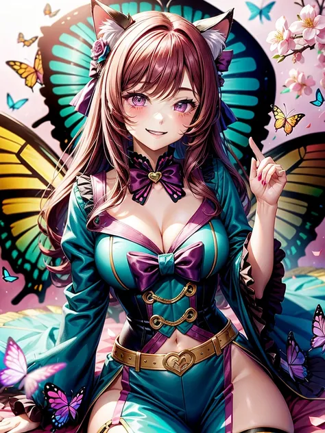 Magenta hair, brown eyes, older woman, hair bows, cat ears, long hair, smiling face, sexy outfit, butterflies, teal and gold outfit, butterfly background, uniform open chest top